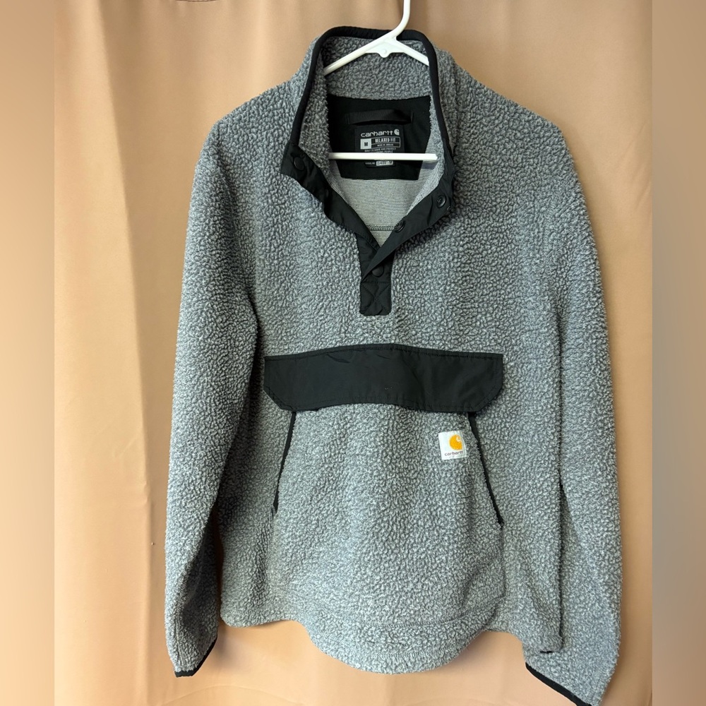 Carhartt Sherpa Fleece Pullover Relaxed Fit 3/4 T Snap Grey Black Men’s Size M